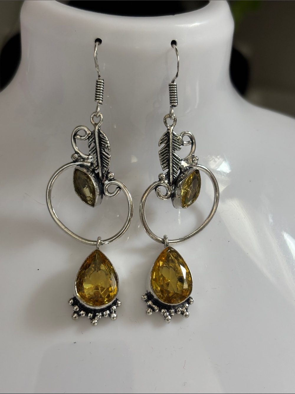 Vintage-Style Silver Leaf Drop Earrings with Yellow Citrine Teardrop Gemstones